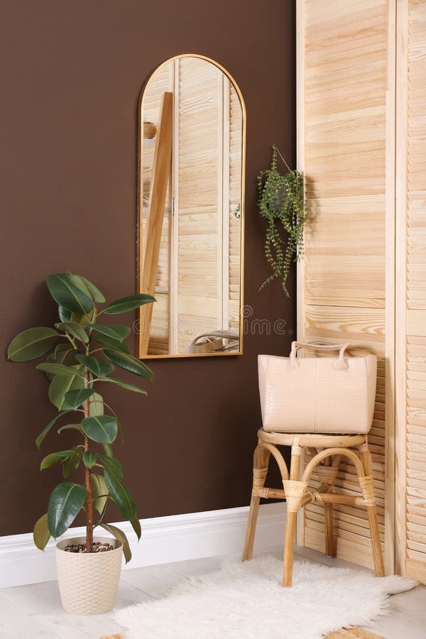 Stylish Dressing Room Interior with Mirror on Brown Wall Stock Photo