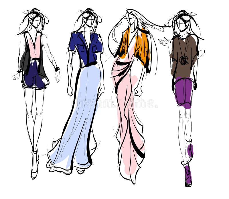 Fashion Models Sketch Hand Drawn , Stylized Silhouettes Isolated.Vector ...