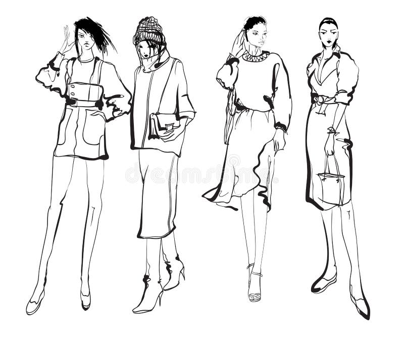 Stylish Fashion Models. Pretty Young Girls. Fashion Womans Sketch Stock ...