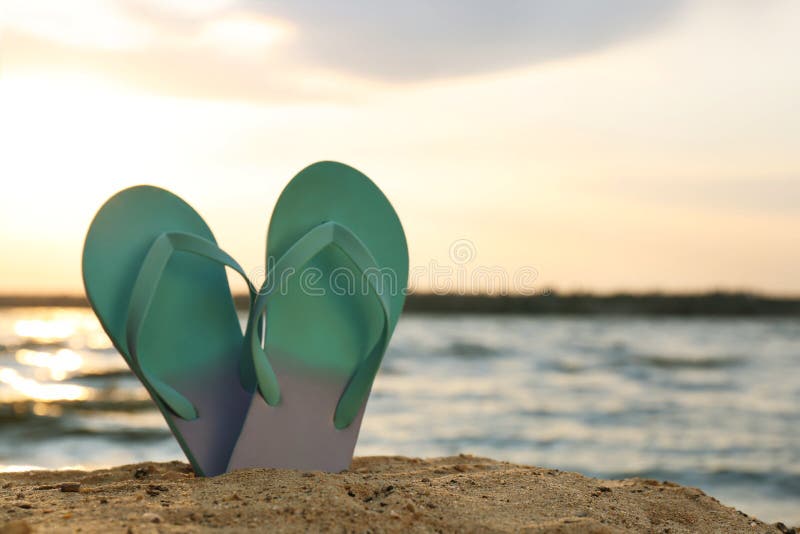 Stylish Flip Flops on Sand Near Sea. Beach Accessories Stock Image ...