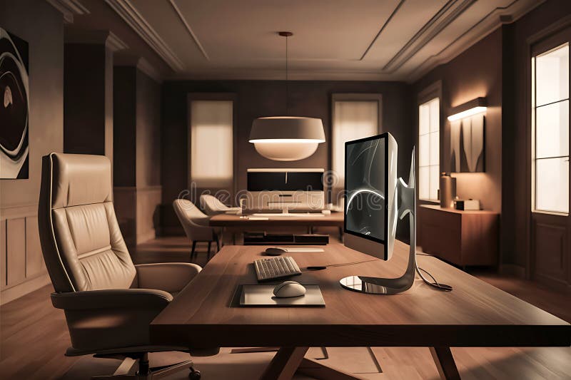 Computer on a Table with a Chair stock illustration