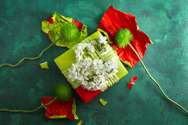 Handmade Gift Concept. Craft Paper Recycle Gift Box with Flowers on