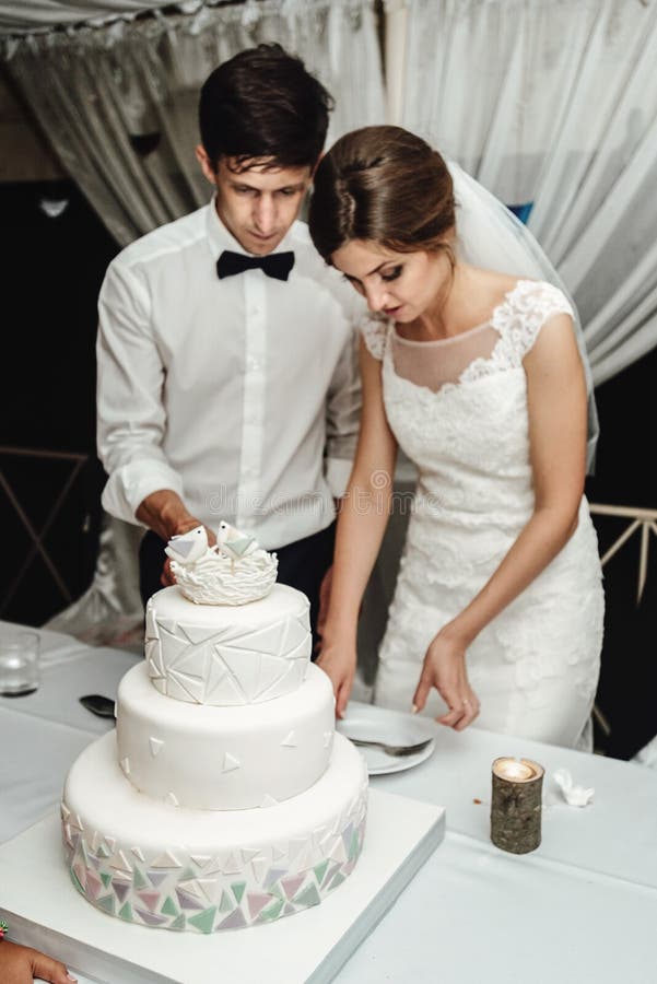 Stylish gorgeous bride and elegant groom cutting and tasting un royalty free stock photography Stylish gorgeous bride and elegant groom cutting and tasting un royalty free stock photography