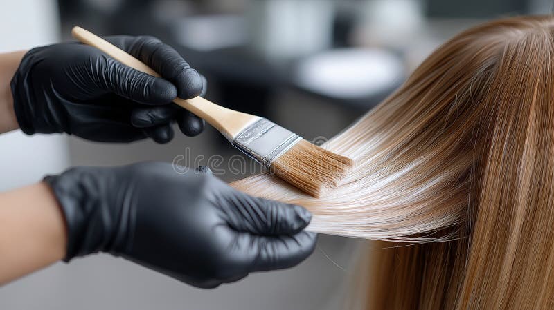 A hair stylist applies color to long, glossy hair using a brush. The atmosphere is bright and contemporary in a professional salon. Clients enjoy the pampering experience. Pampering experience stock images, royalty-free photos and pictures