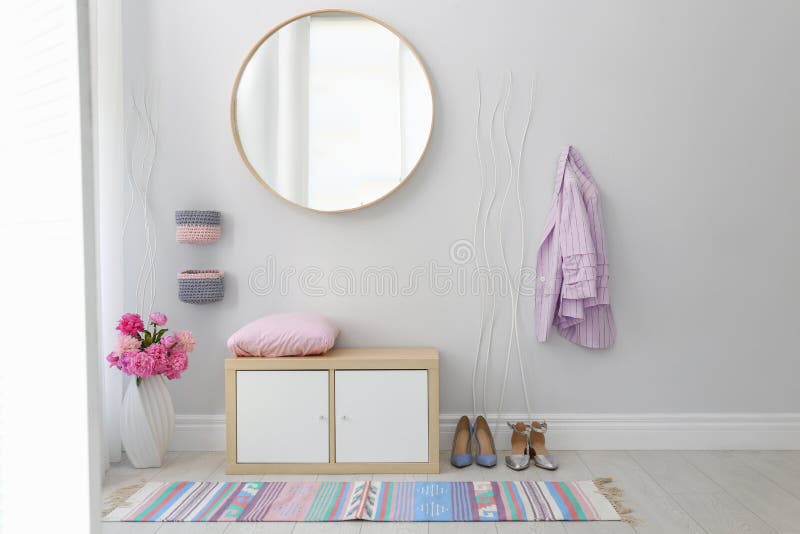 Stylish Hallway Interior with Round Mirror on White Stock Photo Image