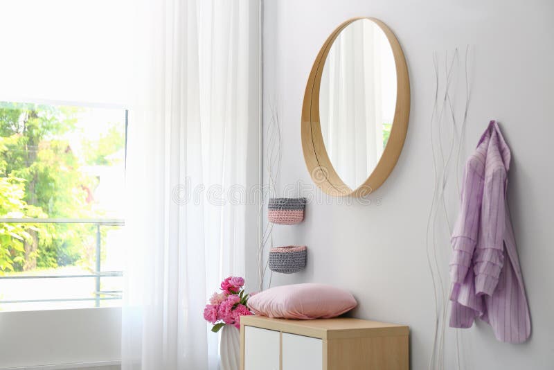 Stylish Hallway Interior with Round Mirror on Wall Stock Image Image