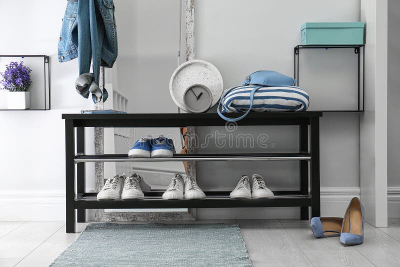 Hallway Interior with Shoe Rack and Rug Stock Photo Image of indoors, collection 152436728