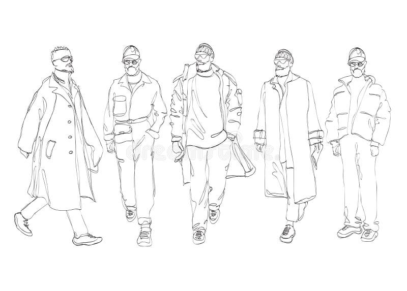 Set of M Size Men Fashion template 9 head medium Croquis with main lines  Gentlemen model figure front, back view. Vector isolated sketch outline boy  for Fashion Design, Illustration, technical drawing Stock