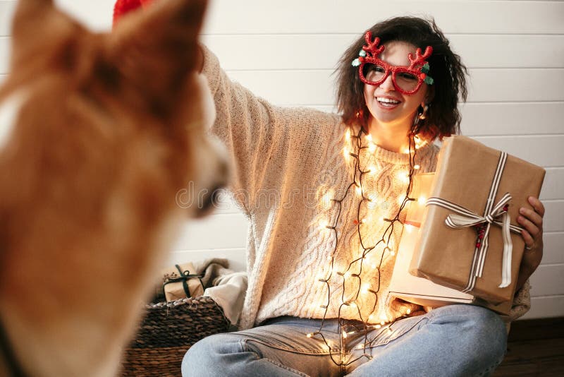 Stylish happy girl holding christmas gift box in christmas lights and smiling to cute golden dog. Young woman in festive glasses stock images Stylish happy girl holding christmas gift box in christmas lights and smiling to cute golden dog. Young woman in festive glasses stock images