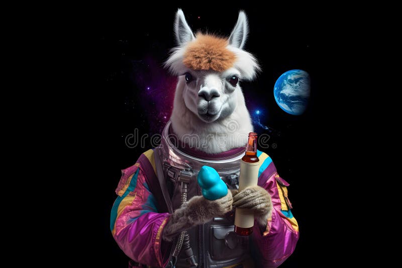 Stylish hipster llama with ice cream on cosmic background, Generative AI stock illustration