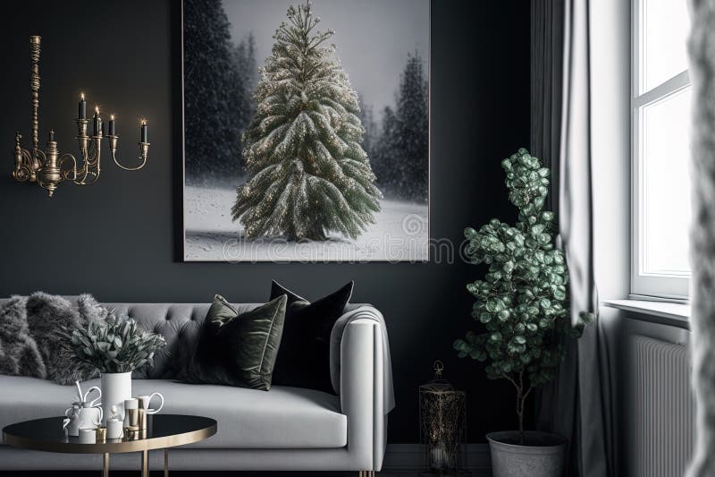 Stylish Interior of Living Room with Decorated Christmas Tree Stock