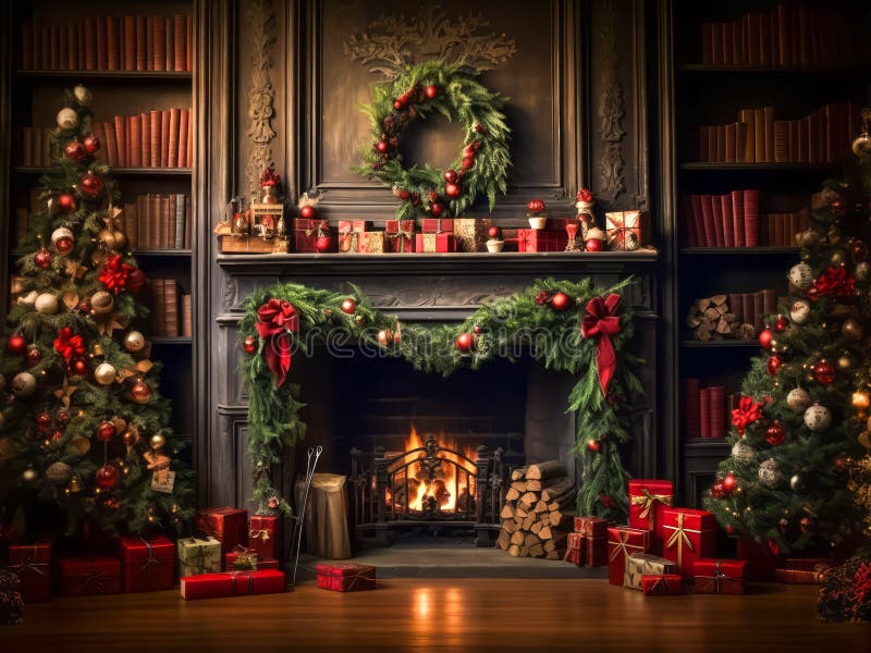 Fireplace Christmas Gifts Cartoon Stock Illustration - Illustration of ...