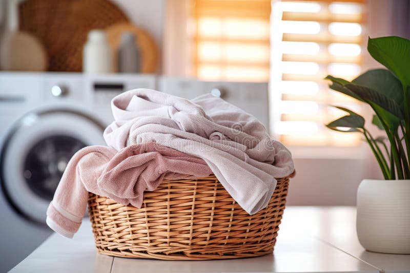 Stylish laundry space featuring a high-tech washing machine and a fabric pile vector illustration