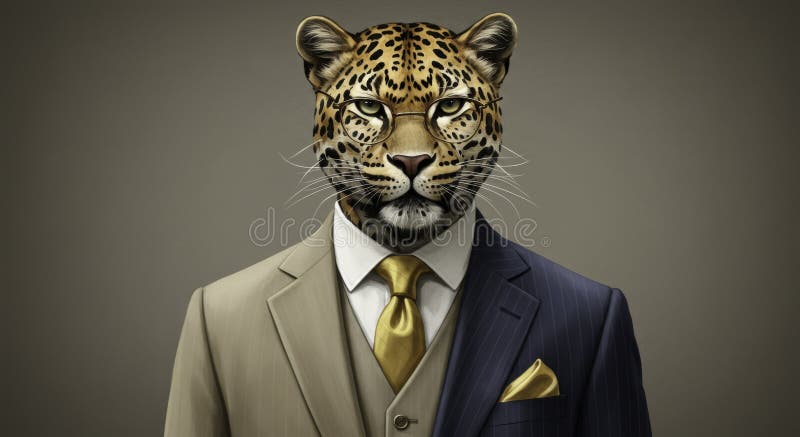 Sophisticated Leopard in a Tailored Suit: A Striking Portrait stock illustration