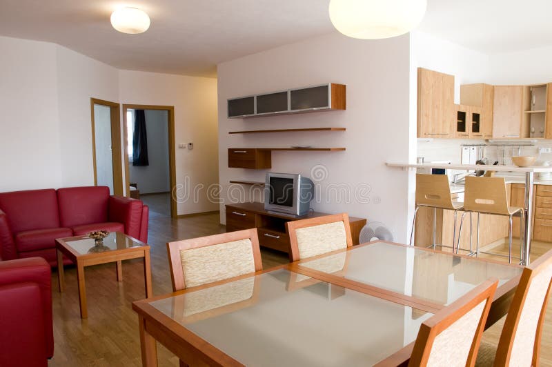 Stylish Living Room Connected with Kitchen Stock Photo Image of lamp