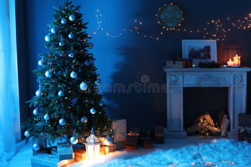 Stylish Living Room Interior with Christmas Tree Stock Photo - Image of ...