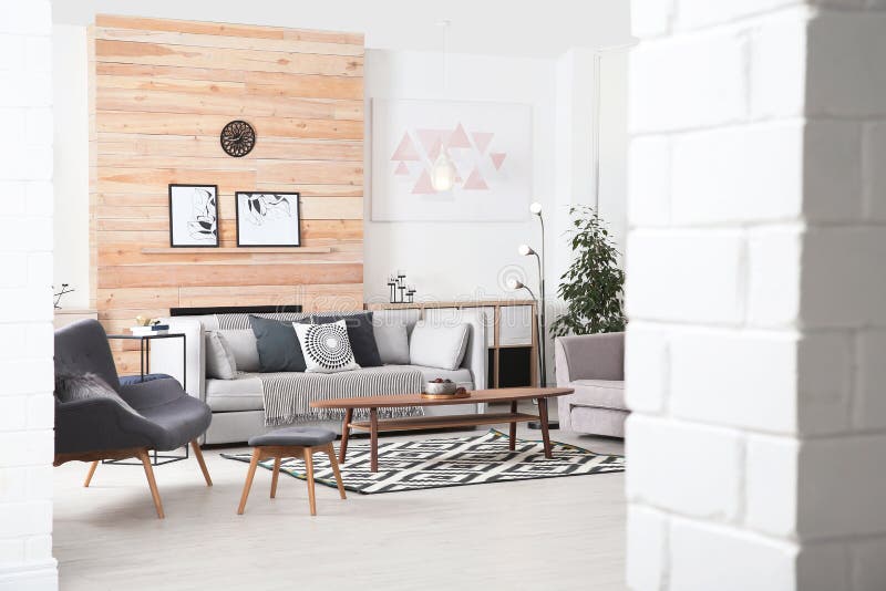 Stylish Living Room Interior with Comfortable Couch Stock Photo Image