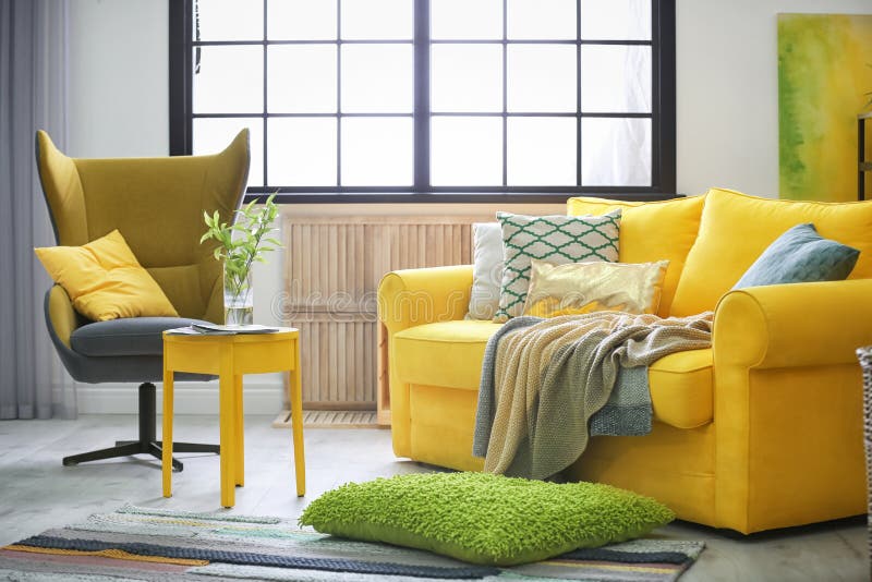 Stylish Living Room Interior with Comfortable Sofa Stock Photo Image