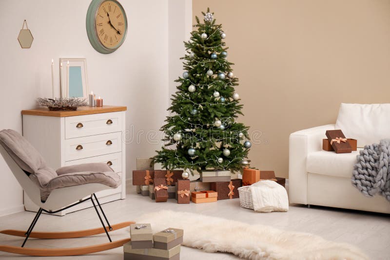 Stylish Living Room Interior with Decorated Tree Stock Image - Image of ...