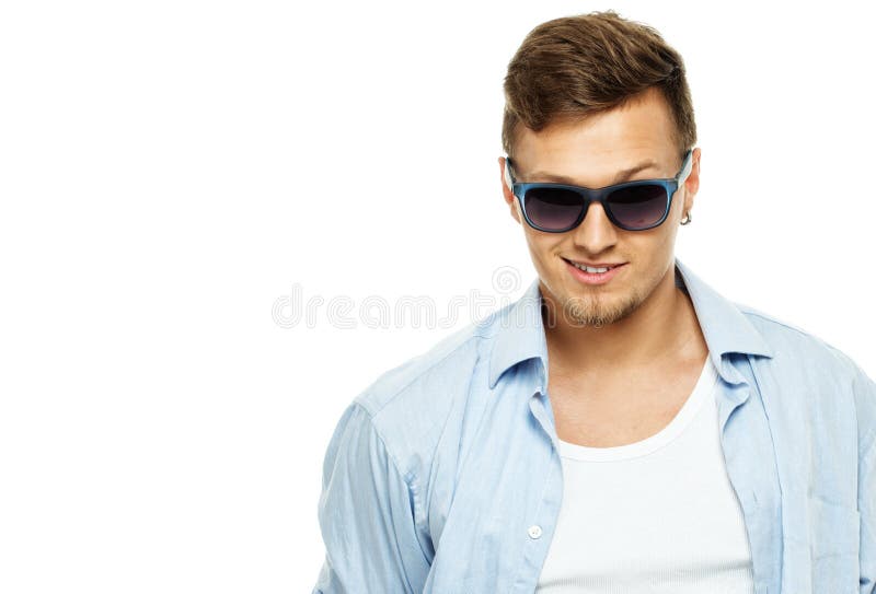 Stylish Man in Blue Shirt and Sunglasses Stock Image - Image of smile ...