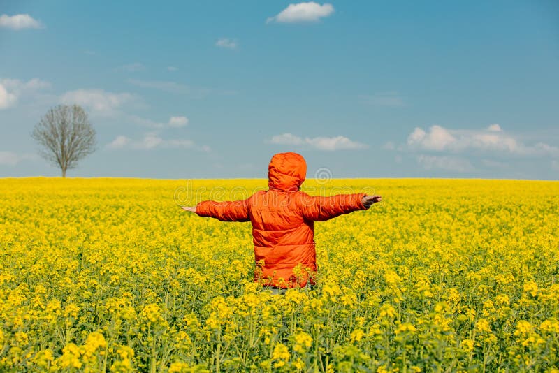 Stylish man in orange jacket in rapeseed field royalty free stock photo