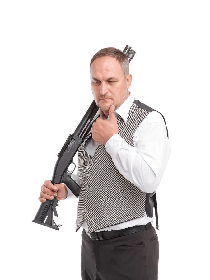 Stylish man with rifle. White background stock photos Stylish man with rifle. White background stock photos