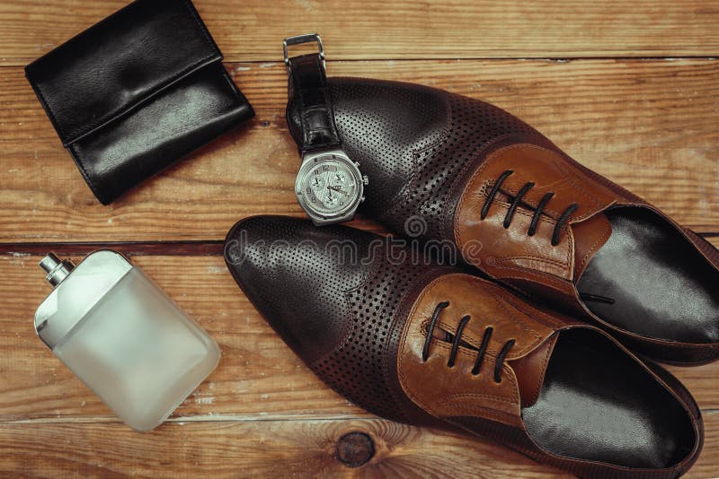 Stylish Men`s Accessories On Wooden Background Stock Image - Image of ...