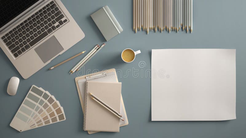 Stylish minimal office table desk. Workspace with laptop, notebook, pencils, coffee cup and sample color palette on pastel blue ba