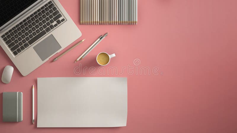 Stylish minimal office table desk. Workspace with laptop, notebook, pencils, coffee cup and sample color palette on pastel pink ba