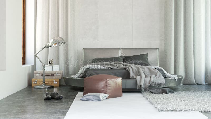 Stylish modern bedroom interior with grey decor vector illustration Stylish modern bedroom interior with grey decor vector illustration