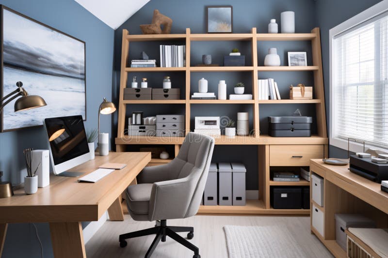 Stylish Modern Home Office Interior Design, Blue Colour Office
