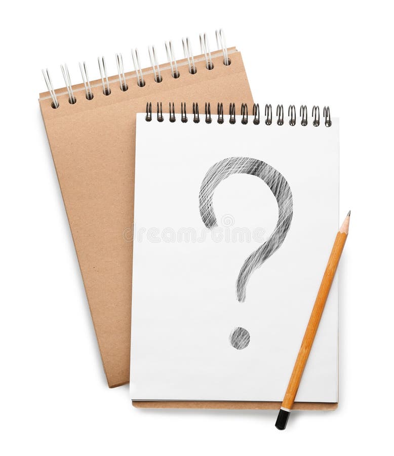 Stylish notebook with question mark and pencil on background, top view stock photos