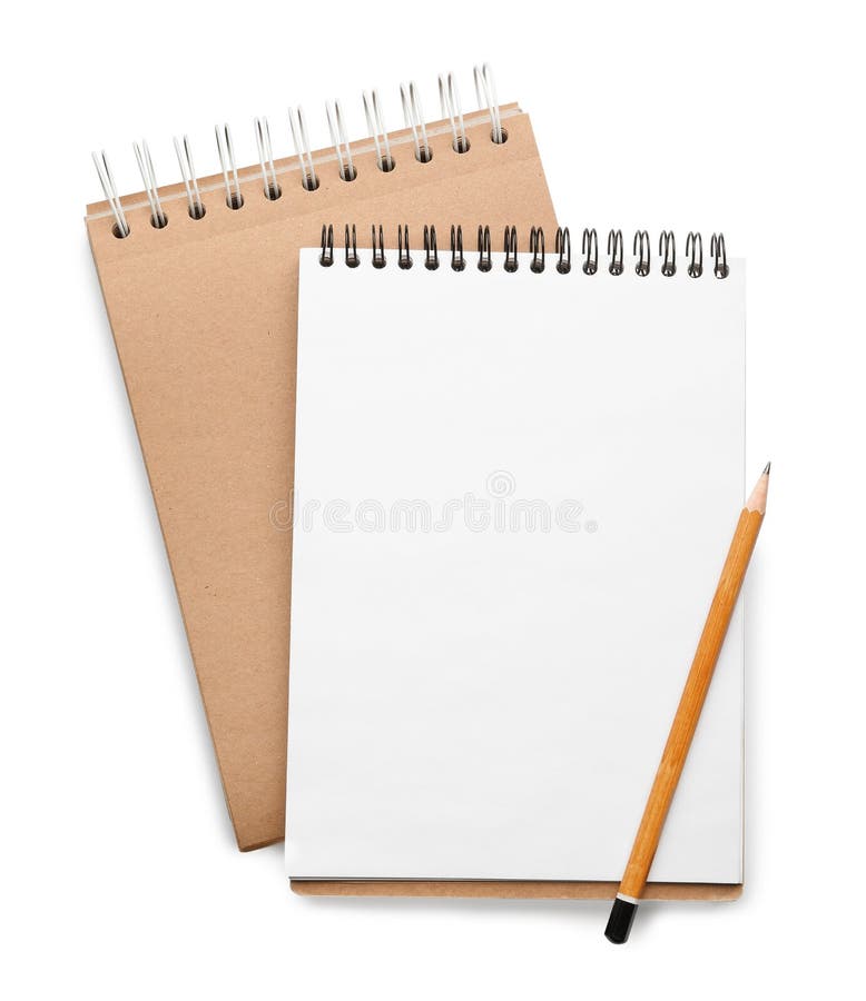 Stylish notebooks and pencil isolated on white, top view stock photos