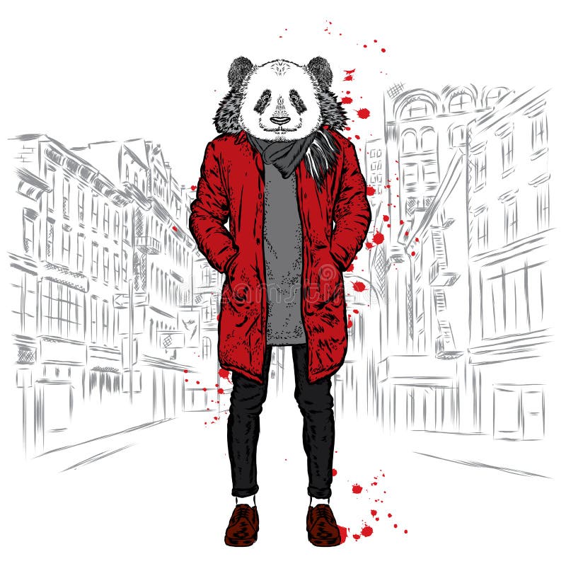 Stylish panda in a jacket and jeans. Vector illustration for greeting card, poster, or print on clothes. Fashion & Style. vector illustration