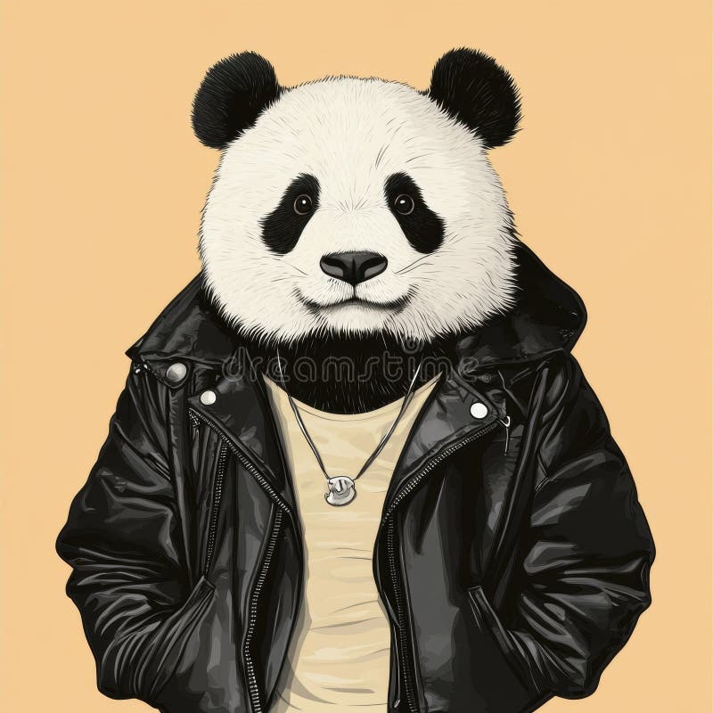 Stylish panda wearing a leather jacket and necklace royalty free illustration