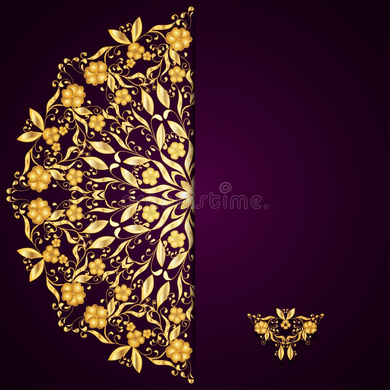 Stylish purple background with gold circular pattern and place for text.