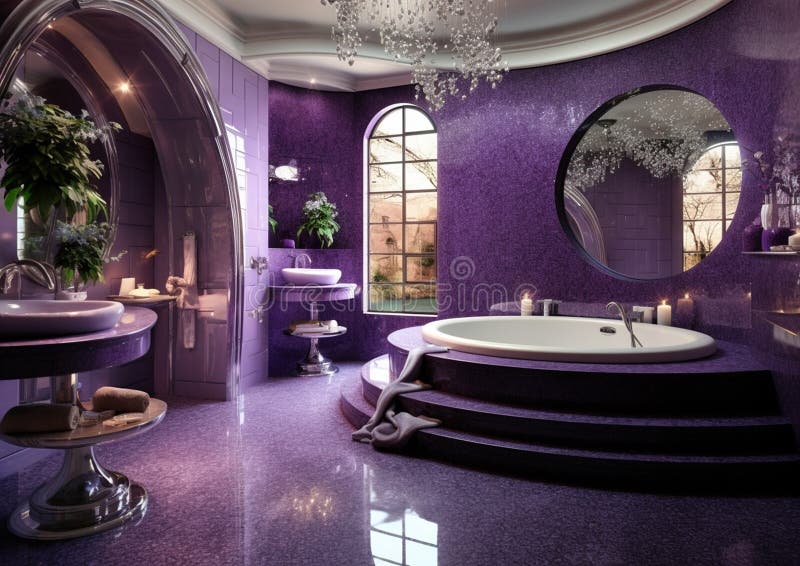 Stylish Purple Luxury Bathroom with Big Open Space Stock Illustration