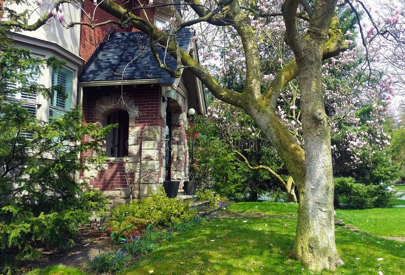 Stylish Red Brick House With Trees In Front Yard In Spring ...