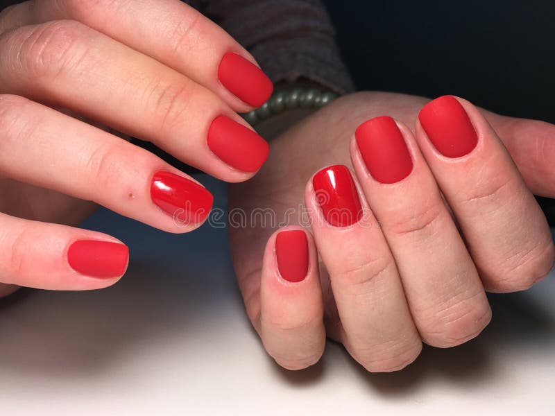 Stylish Red Manicure With A Matte Effect Design On Short Nails Stock Photo Image Of Finger Elegant