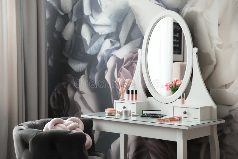 Room Interior with Elegant Dressing Table and Floral Wallpaper Stock