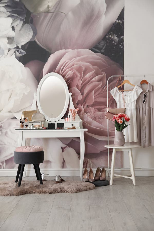 Room Interior with Elegant Dressing Table and Floral Wallpaper