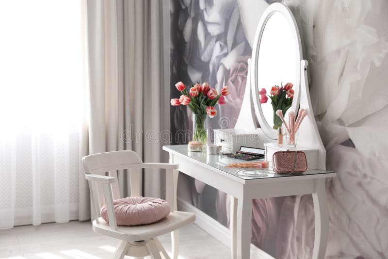 Room Interior with Elegant Dressing Table and Floral Wallpaper Stock