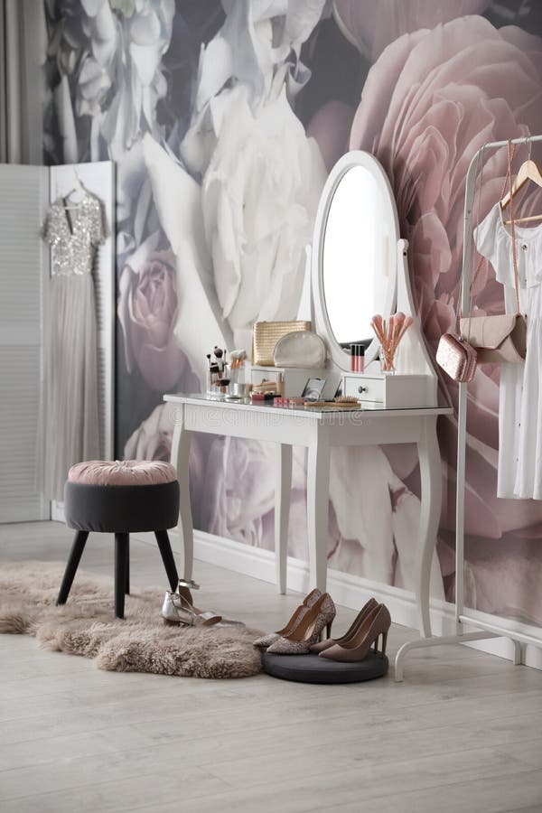 Room Interior with Elegant Dressing Table and Floral Wallpaper Stock