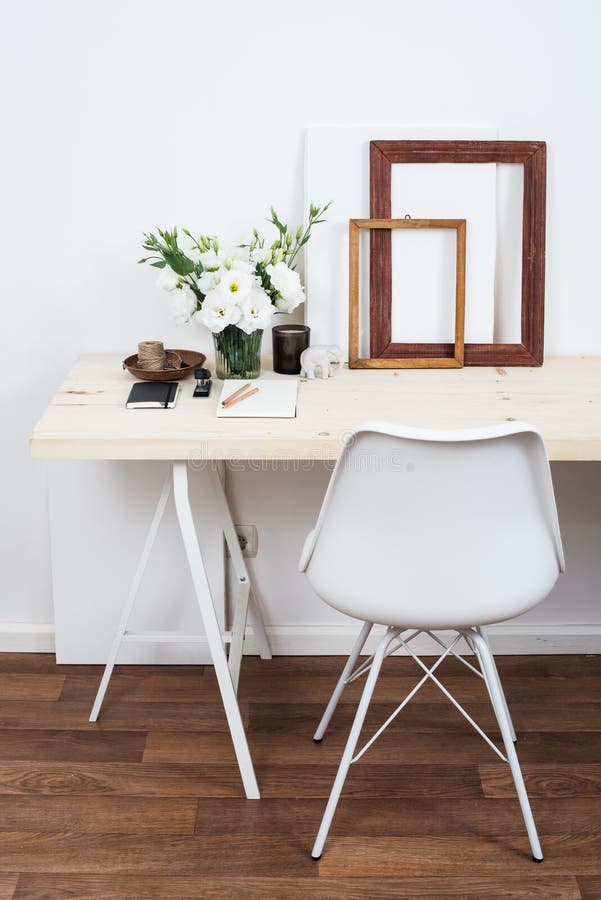 Stylish scandinavian interior design, white workspace