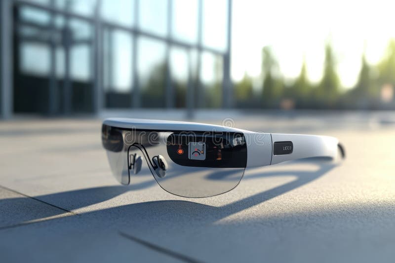 Stylish smart glasses resting on a modern surface in bright daylight stock photography