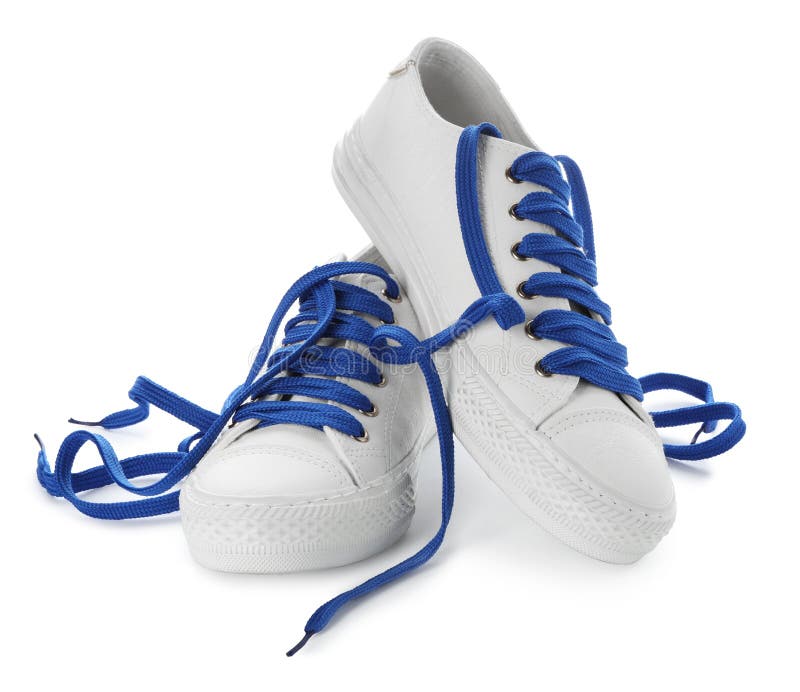 Stylish Sneakers with Blue Shoelaces on White Background Stock Image