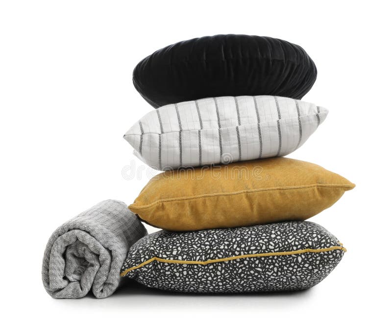Stylish Soft Pillows and Blanket on White Stock Image Image of