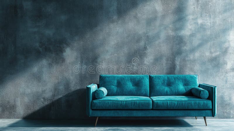 Stylish Teal Sofa Against Dark Gray Wall royalty free stock photos