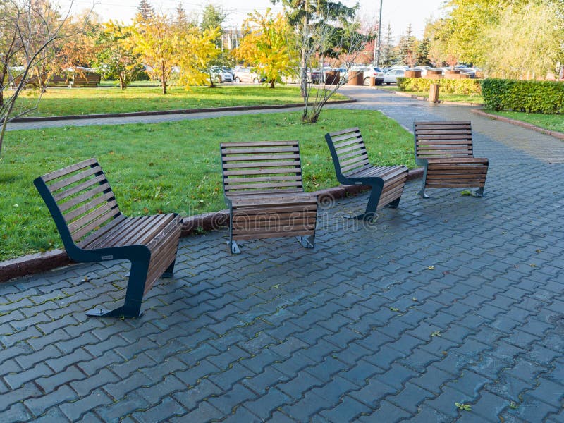 Wooden Modern Benches In The Park Stock Image Image Of