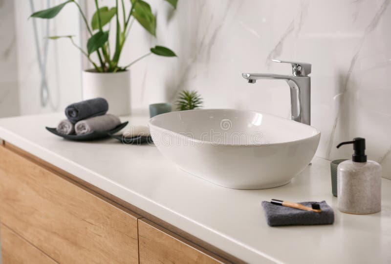 Stylish Vessel Sink on Light Countertop in Bathroom Stock Photo Image